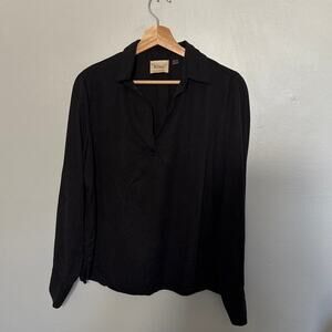Women's Size M Elie Tahari Black V Neck Collared Long Sleeve Tencel Blouse Top